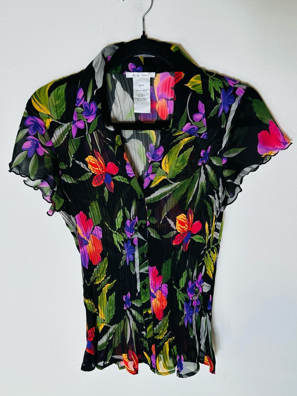 Vintage Alison Sheri Black Plisse Pleated Tropical Floral Button Up Blouse M